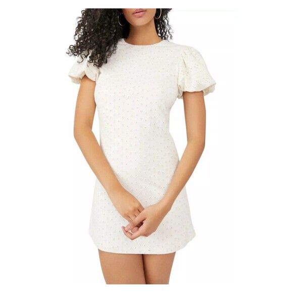 FREE PEOPLE Apricot Rose Eyelet Mini Dress with Puff Sleeve, White, XS $138 NWT - Picture 1 of 12